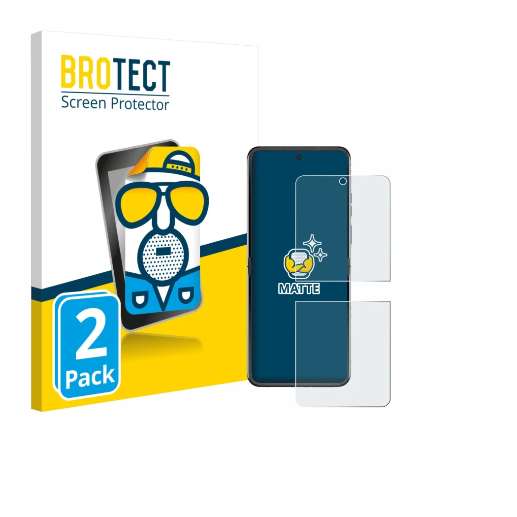 Front side of a product packaging with the brand logo BROTECT. Next to it is the device Motorola Razr 60 shown with the corres