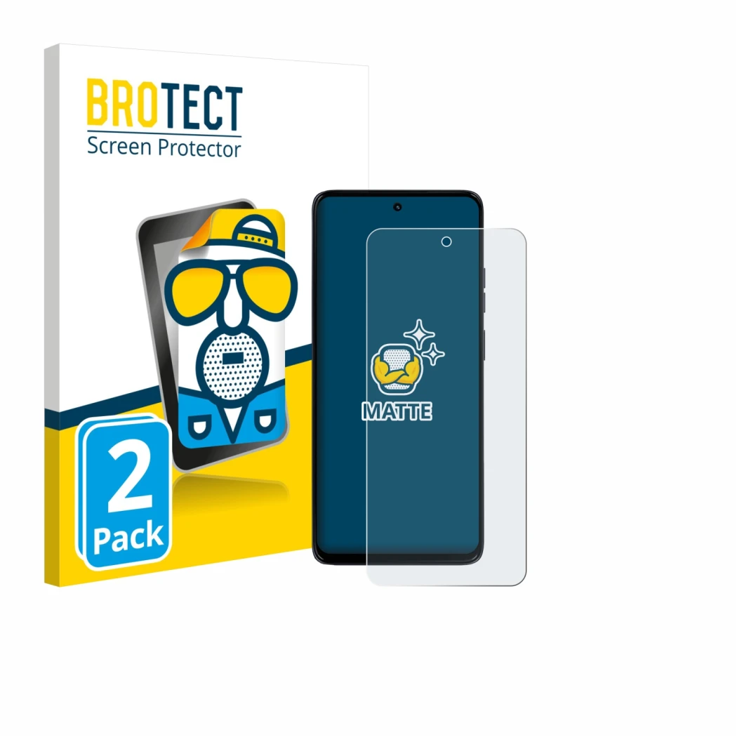 Front side of a product packaging with the brand logo BROTECT. Next to it is the device Motorola Moto G56 shown with the corre