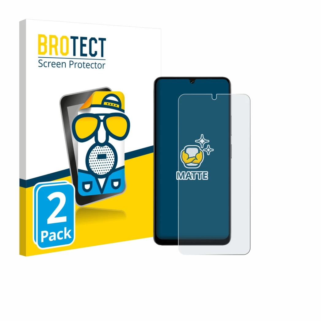 Front side of a product packaging with the brand logo BROTECT. Next to it is the device Doogee Note 59 Pro shown with the corr
