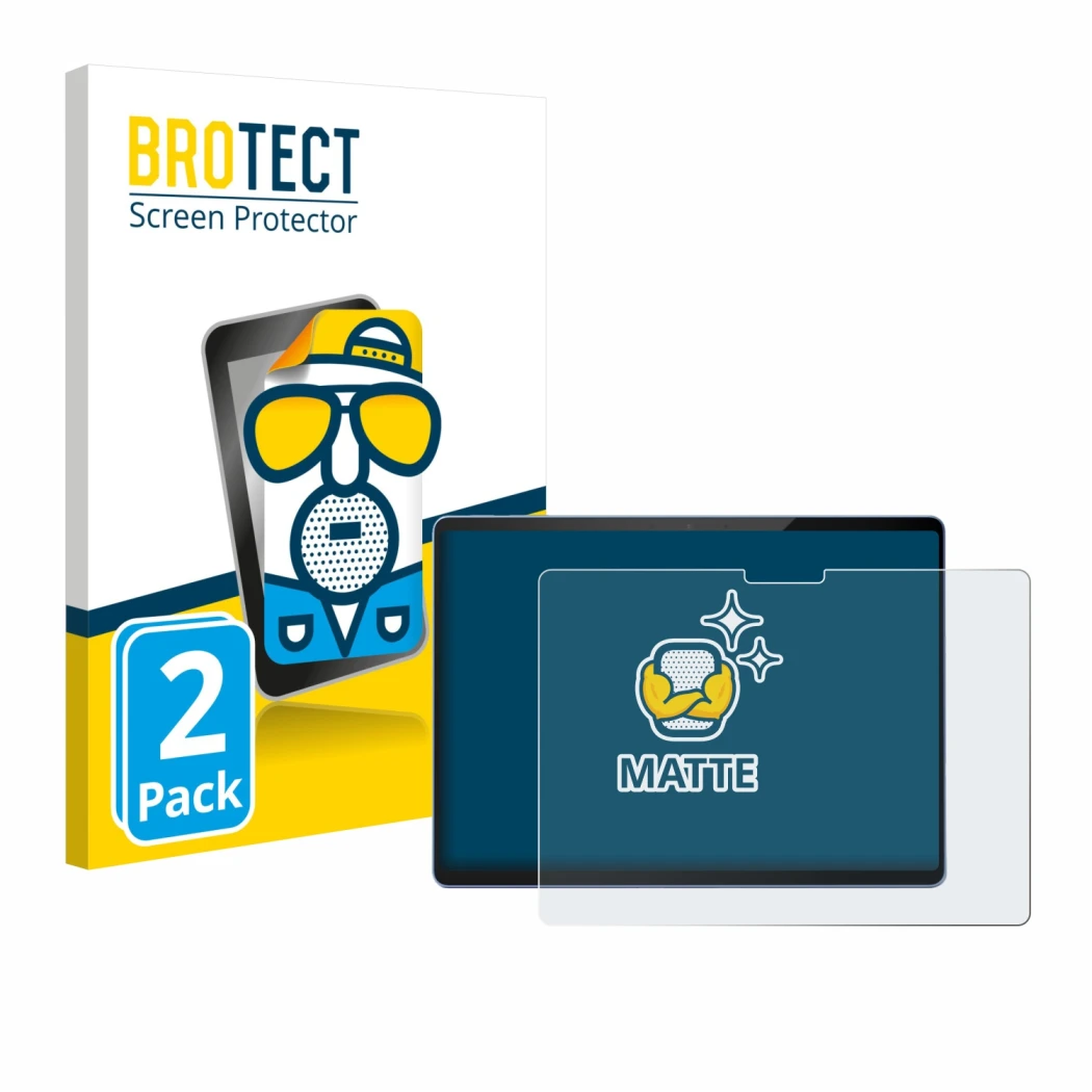 Front side of a product packaging with the brand logo BROTECT. Next to it is the device Microsoft Surface Pro 13 shown with th