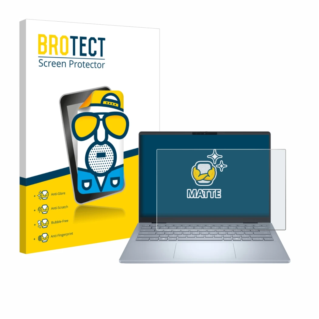 Front side of a product packaging with the brand logo BROTECT. Next to it is the device Dell 14 Plus Laptop shown with the cor