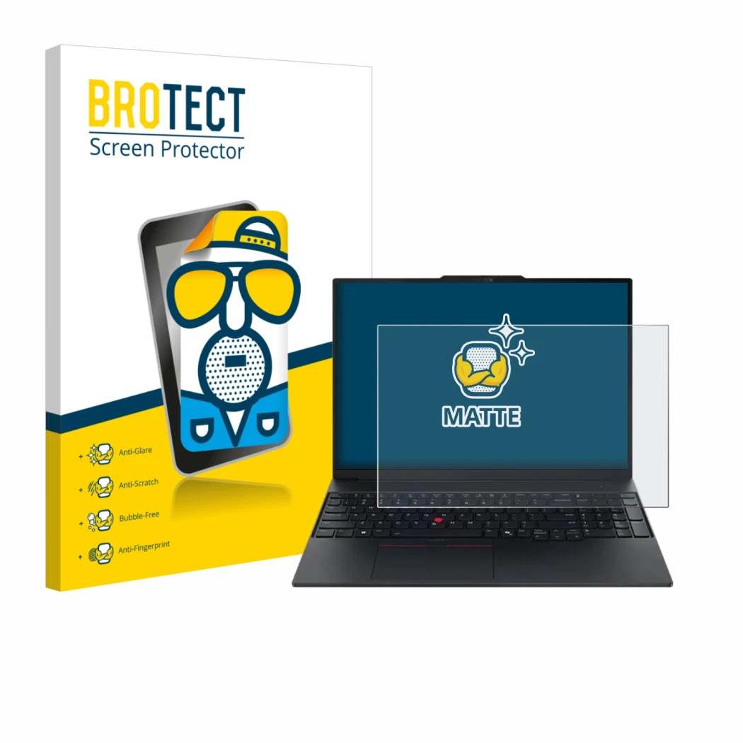 Front side of a product packaging with the brand logo BROTECT. Next to it is the device Lenovo ThinkPad E16 Gen 3 shown with t