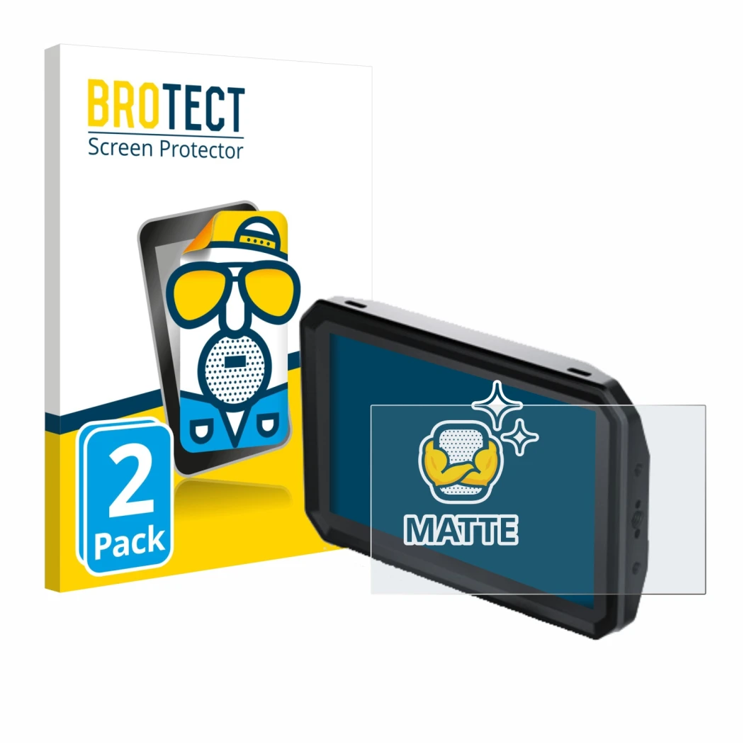 Front side of a product packaging with the brand logo BROTECT. Next to it is the device Blackmagic Design Pyxis Monitor 5