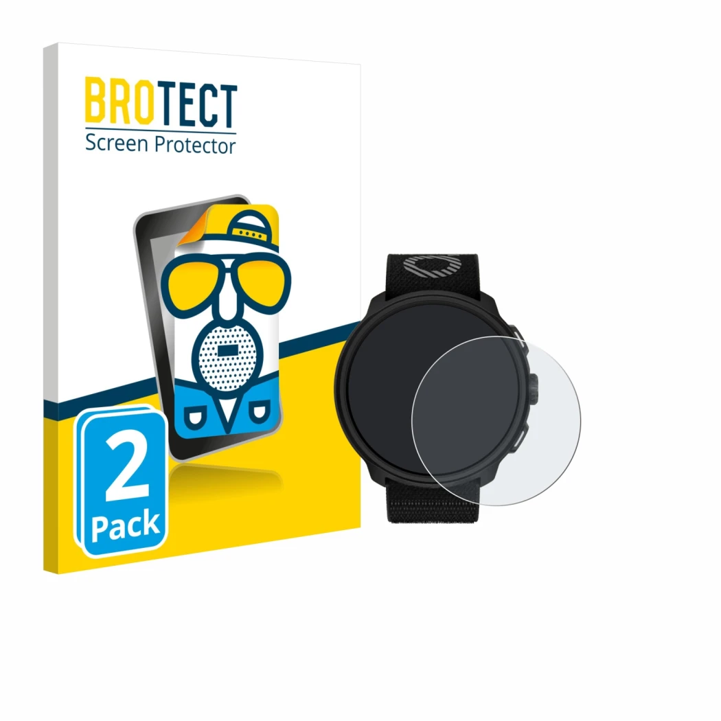 Front side of a product packaging with the brand logo BROTECT. Next to it is the device Suunto Run shown with the correspondin