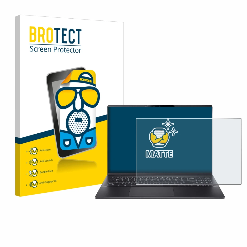 Front side of a product packaging with the brand logo BROTECT. Next to it is the device Acer Swift 16 AI shown with the corres