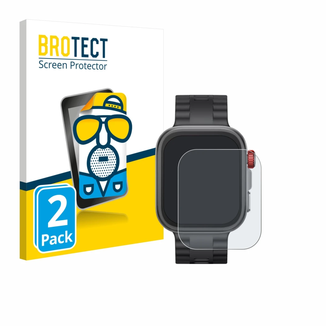 Front side of a product packaging with the brand logo BROTECT. Next to it is the device Huawei Watch Fit 4 Pro shown with the 