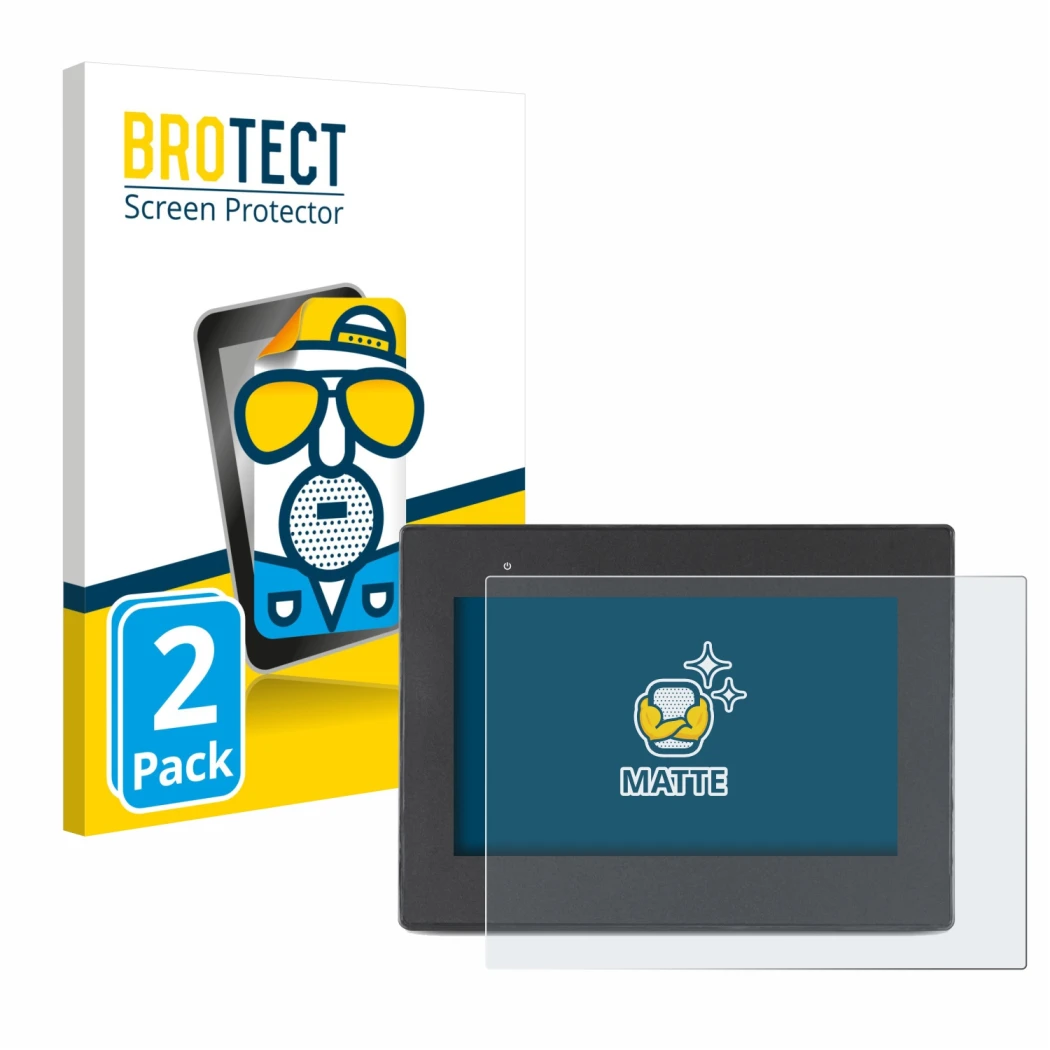 Front side of a product packaging with the brand logo BROTECT. Next to it is the device Weintek cMT2078x shown with the corres
