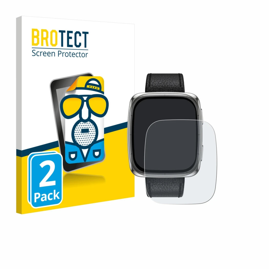 Front side of a product packaging with the brand logo BROTECT. Next to it is the device Amazfit Active 2 (rectangular) shown w