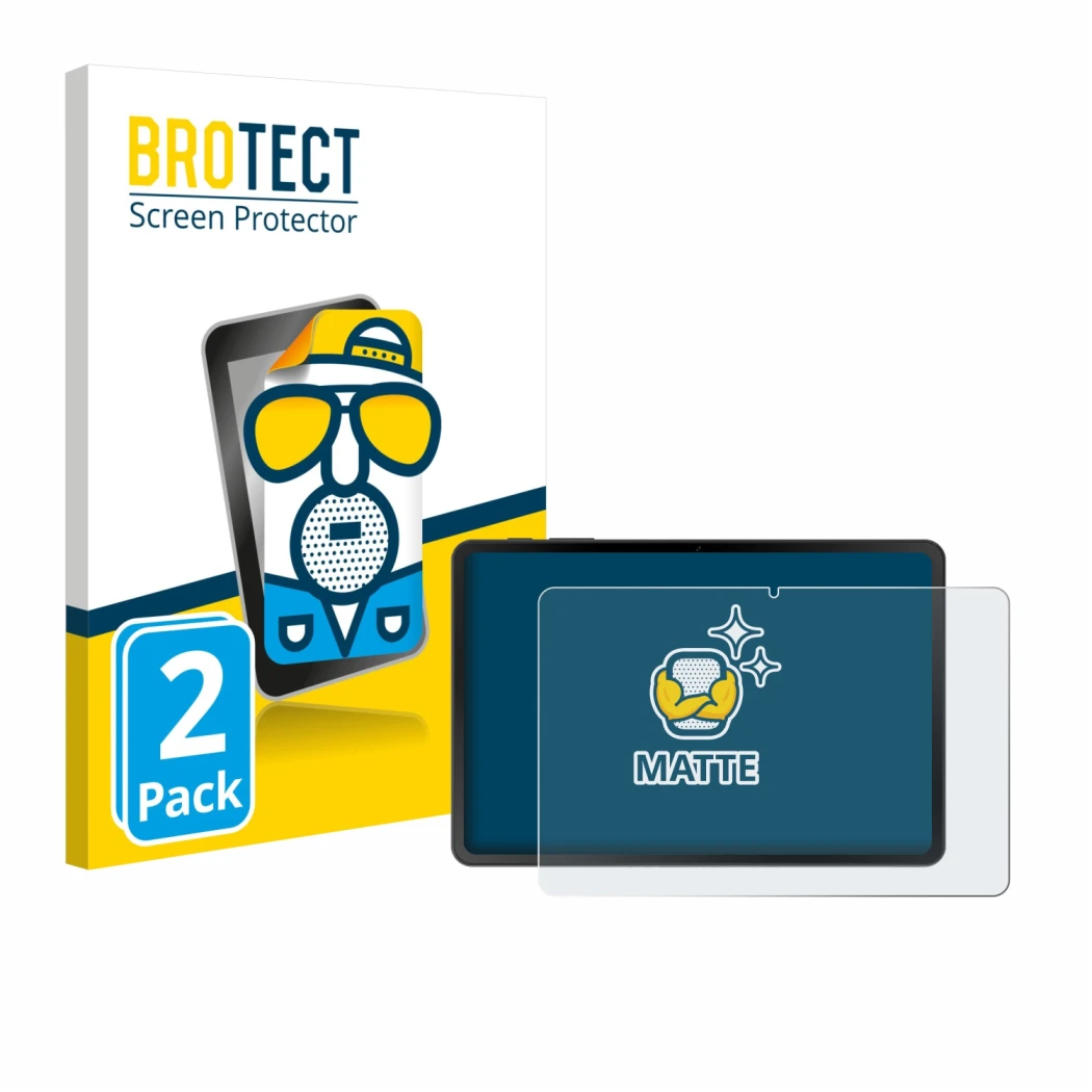 Front side of a product packaging with the brand logo BROTECT. Next to it is the device Doogee Tab A9 shown with the correspon