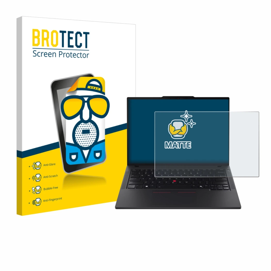 Front side of a product packaging with the brand logo BROTECT. Next to it is the device Lenovo ThinkPad T14 Gen 6 shown with t