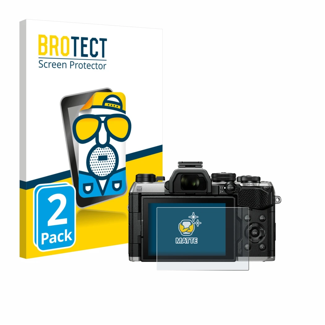 Front side of a product packaging with the brand logo BROTECT. Next to it is the device Olympus OM System OM-5 Mark II shown w