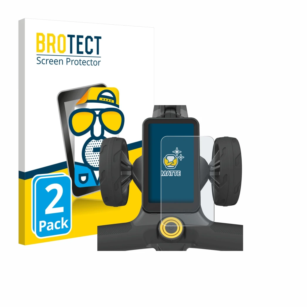 Front side of a product packaging with the brand logo BROTECT. Next to it is the device PowaKaddy CT12 GPS shown with the corr