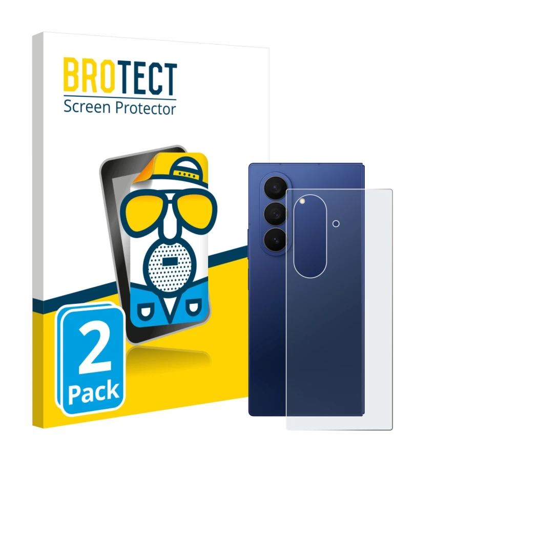 Front side of a product packaging with the brand logo BROTECT. Next to it is the device Samsung Galaxy Z Fold 7 (Back) shown w