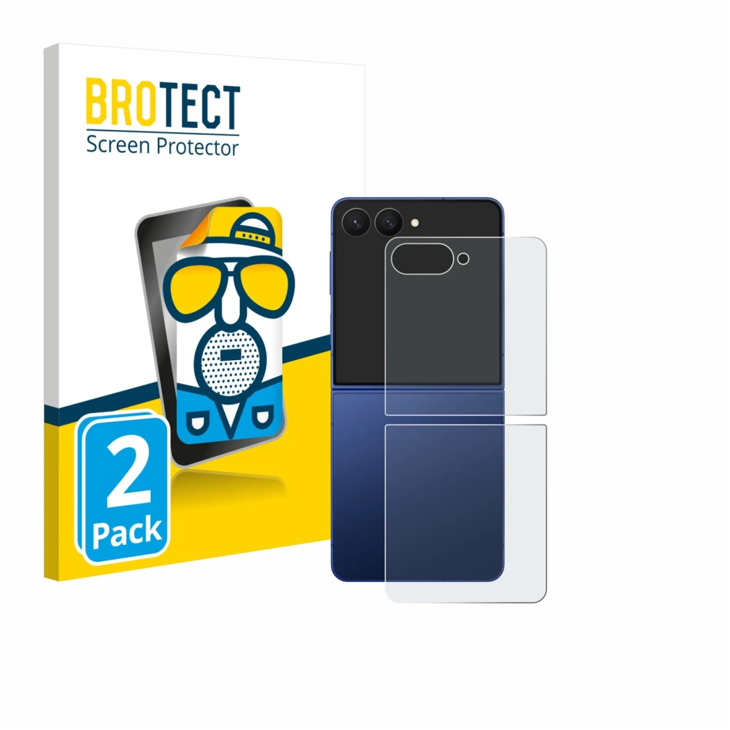 Front side of a product packaging with the brand logo BROTECT. Next to it is the device Samsung Galaxy Z Flip 7 (Back) shown w