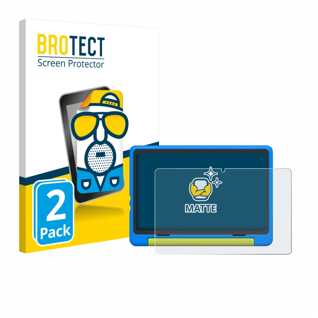 Front side of a product packaging with the brand logo BROTECT. Next to it is the device Happybe Kids Tablet 10