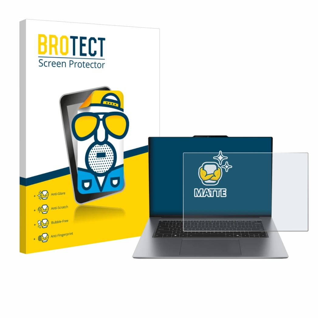 Front side of a product packaging with the brand logo BROTECT. Next to it is the device Lenovo ThinkPad X9 15 G1 shown with th