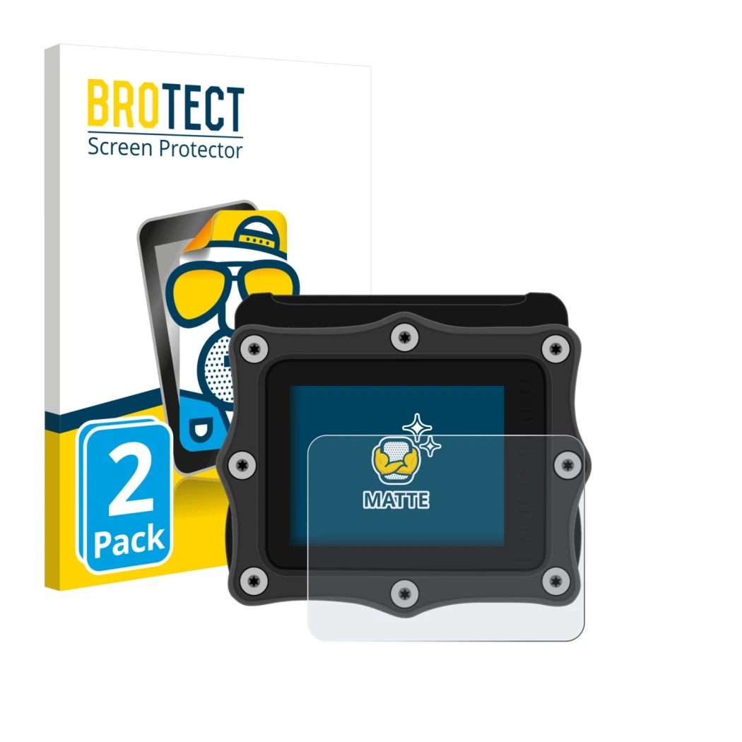 Front side of a product packaging with the brand logo BROTECT. Next to it is the device Shearwater Perdix 2 shown with the cor
