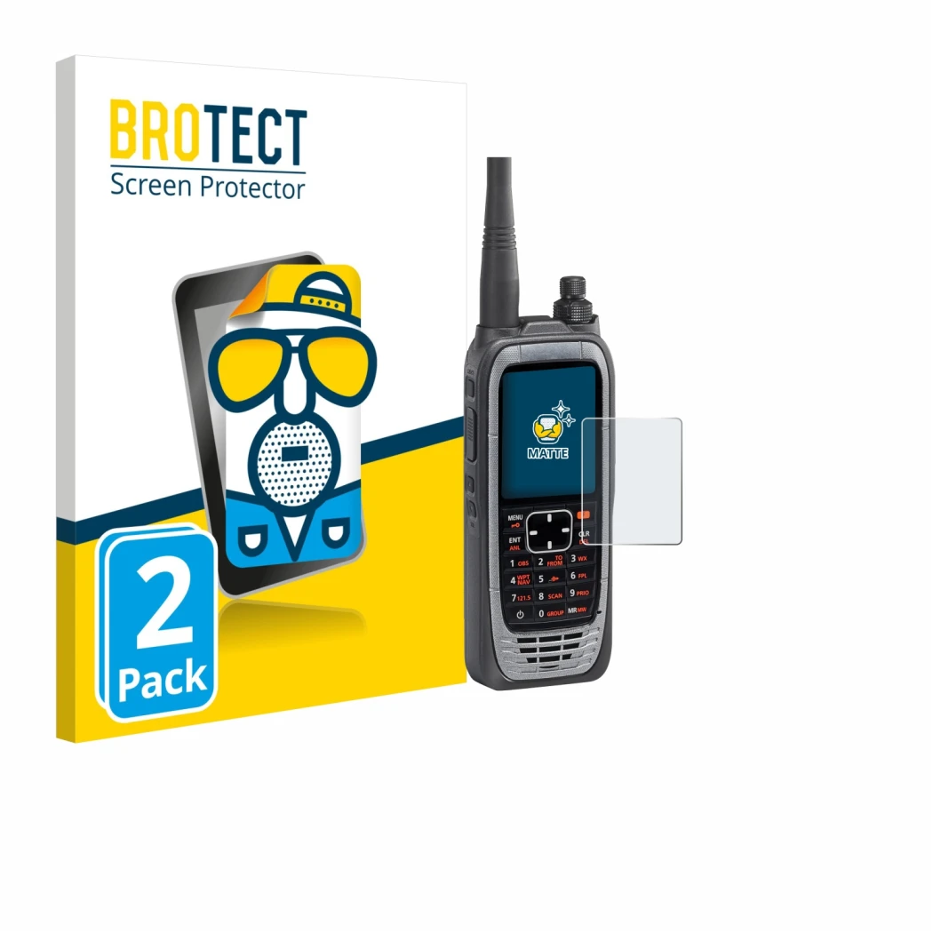 Front side of a product packaging with the brand logo BROTECT. Next to it is the device Icom IC-A25NE /IC-A25CE shown with the