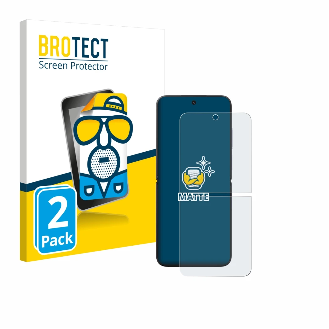 Front side of a product packaging with the brand logo BROTECT. Next to it is the device Xiaomi MIX Flip shown with the corresp