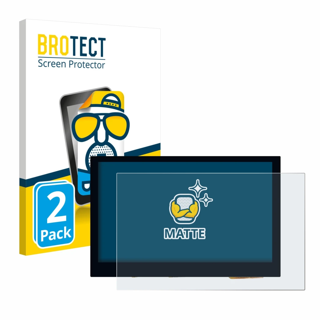 Front side of a product packaging with the brand logo BROTECT. Next to it is the device Waveshare 4.3