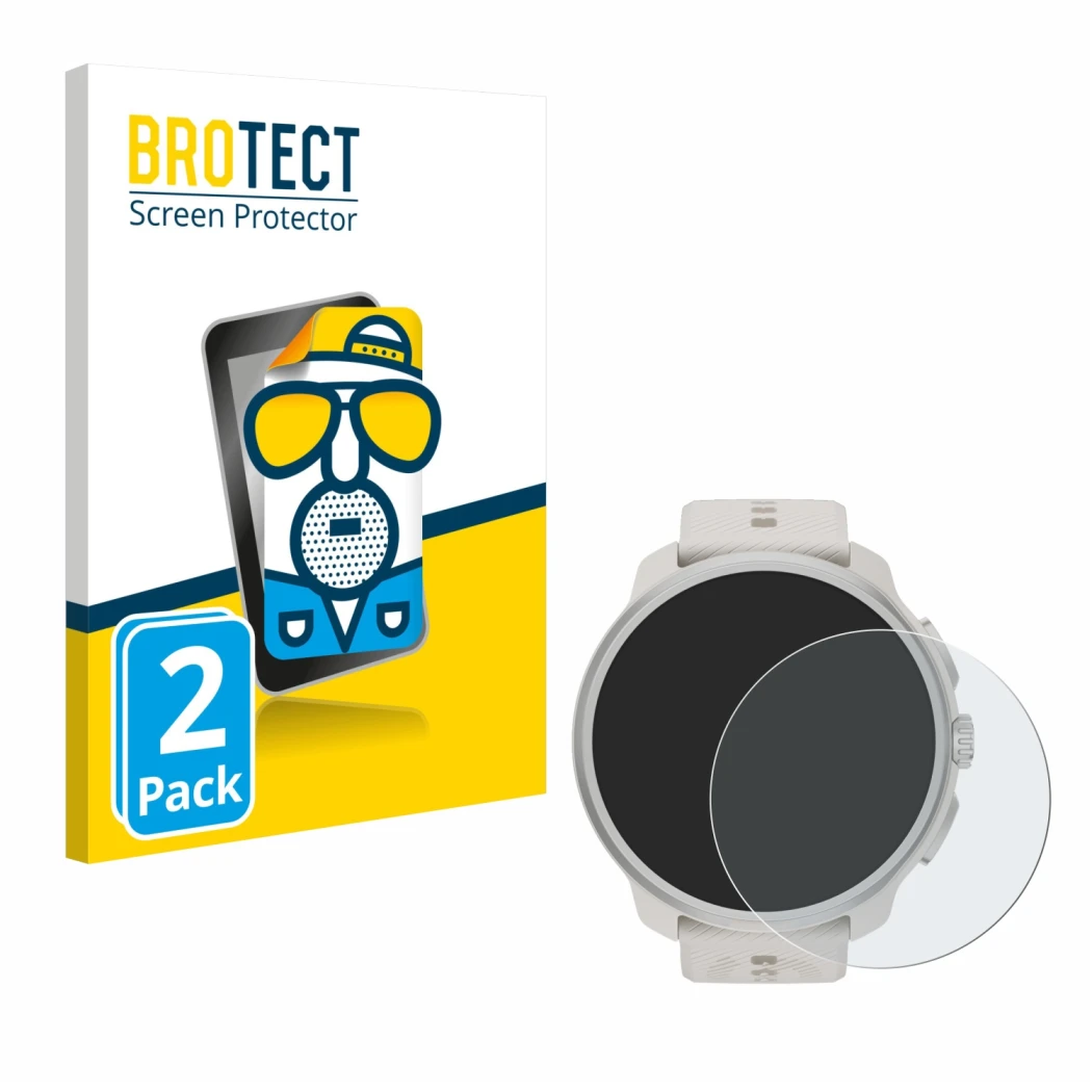 Front side of a product packaging with the brand logo BROTECT. Next to it is the device Suunto Race 2 shown with the correspon