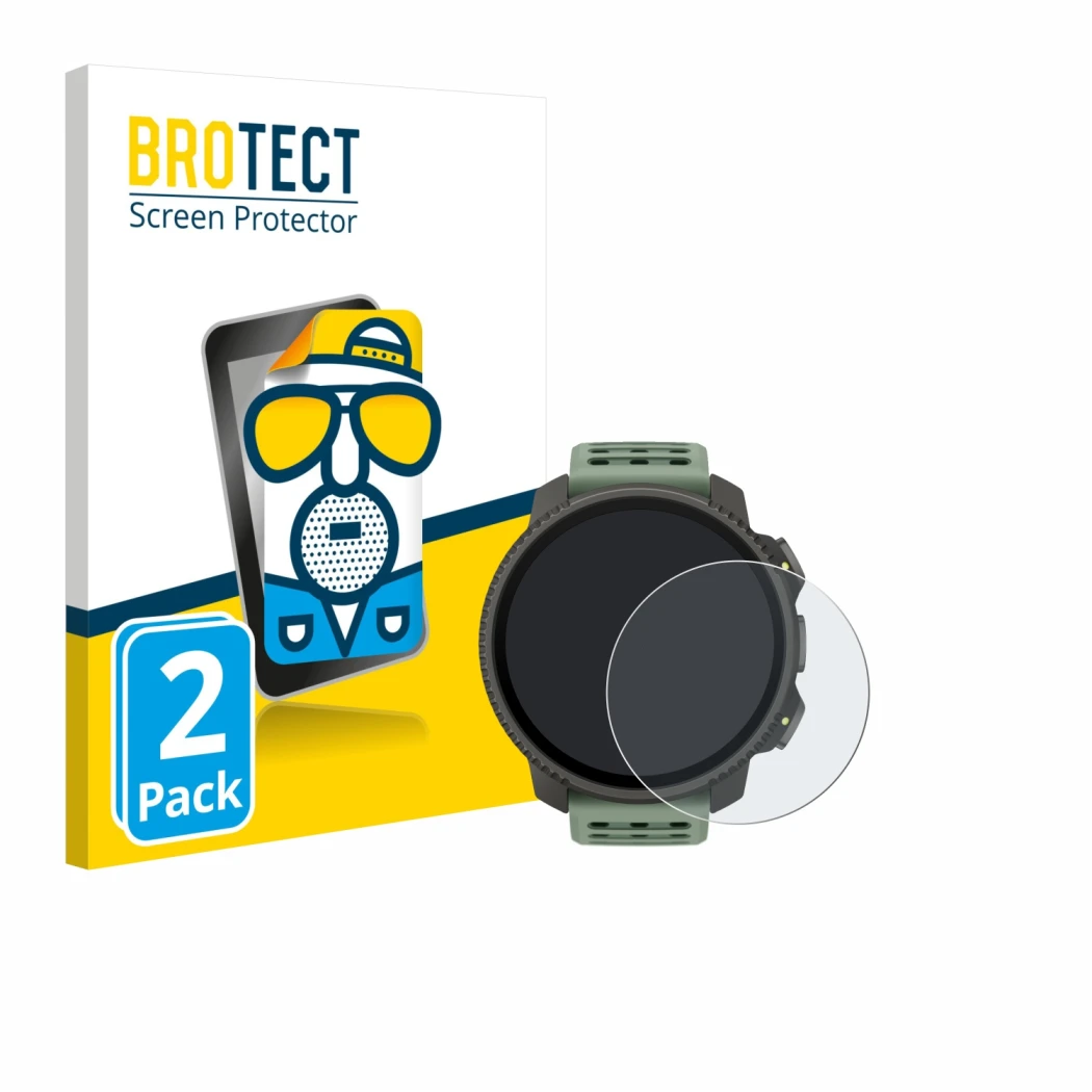 Front side of a product packaging with the brand logo BROTECT. Next to it is the device Suunto Vertical 2 shown with the corre