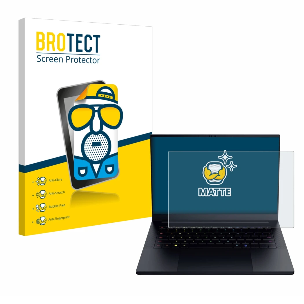 Front side of a product packaging with the brand logo BROTECT. Next to it is the device Razer Blade 14 2025 shown with the cor