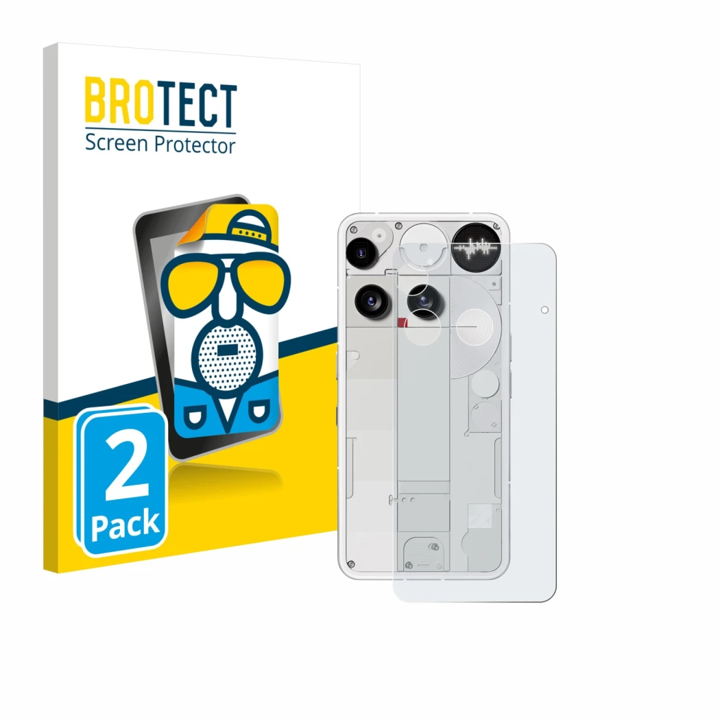 Front side of a product packaging with the brand logo BROTECT. Next to it is the device Nothing Phone (3) (Back) shown with th