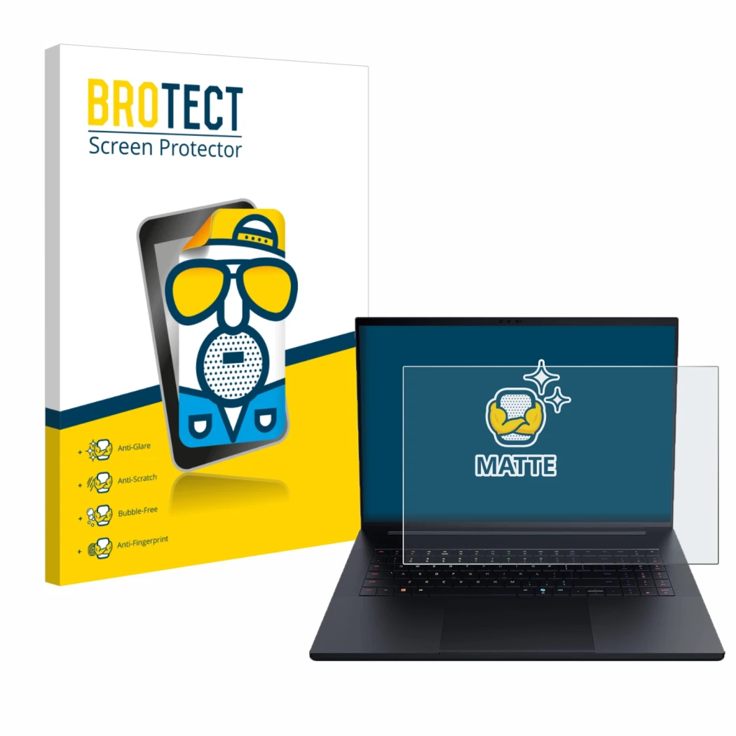 Front side of a product packaging with the brand logo BROTECT. Next to it is the device Razer Blade 18 2025 shown with the cor