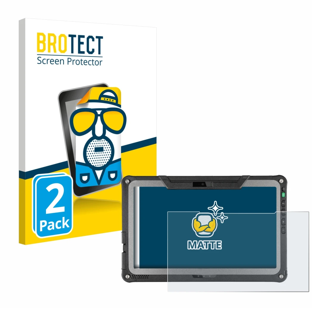 Front side of a product packaging with the brand logo BROTECT. Next to it is the device Getac F110 G7 shown with the correspon