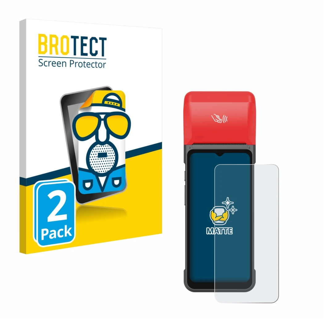 Front side of a product packaging with the brand logo BROTECT. Next to it is the device iMin Swift 2 Pro shown with the corres