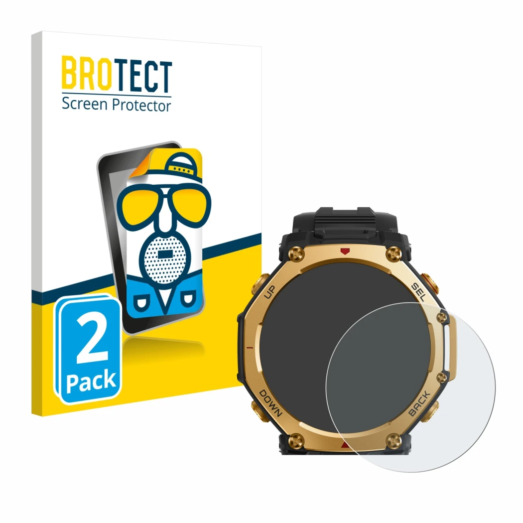 Front side of a product packaging with the brand logo BROTECT. Next to it is the device Huami Amazfit T-Rex 3 Pro (48 mm) show