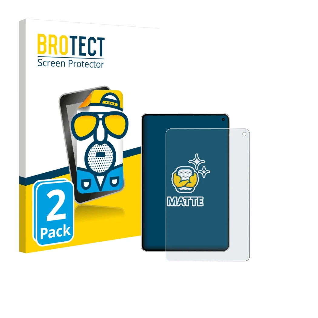 Front side of a product packaging with the brand logo BROTECT. Next to it is the device Huawei MatePad Mini shown with the cor