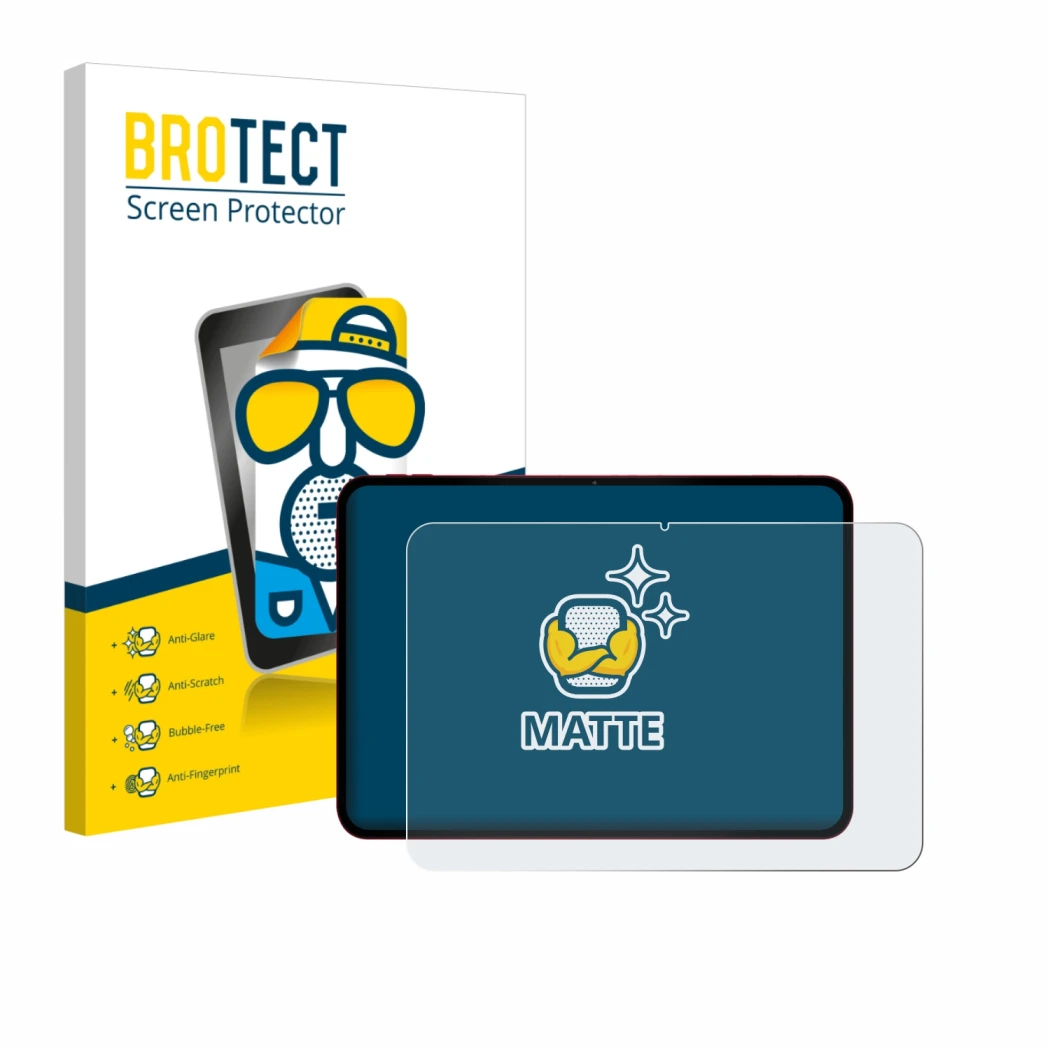 Front side of a product packaging with the brand logo BROTECT. Next to it is the device Teclast T65 Plus shown with the corres