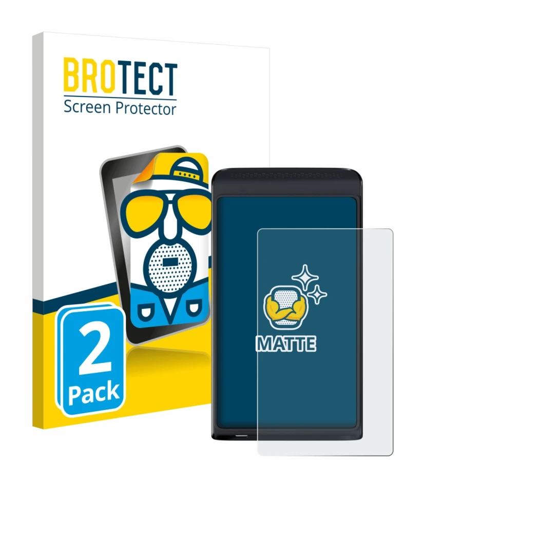 Front side of a product packaging with the brand logo BROTECT. Next to it is the device Vasco Translator Q1 shown with the cor