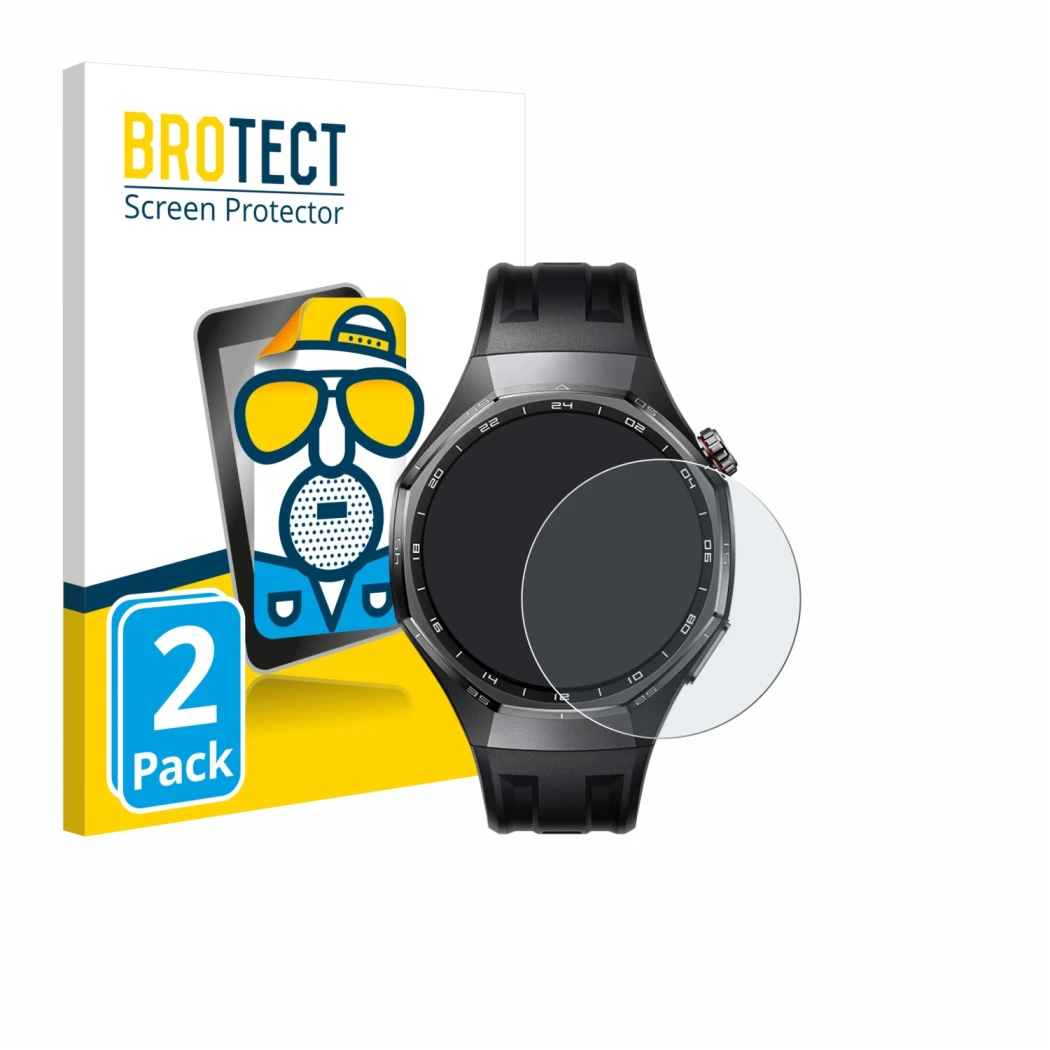 Front side of a product packaging with the brand logo BROTECT. Next to it is the device Huawei Watch GT 6 Pro (46 mm) shown wi