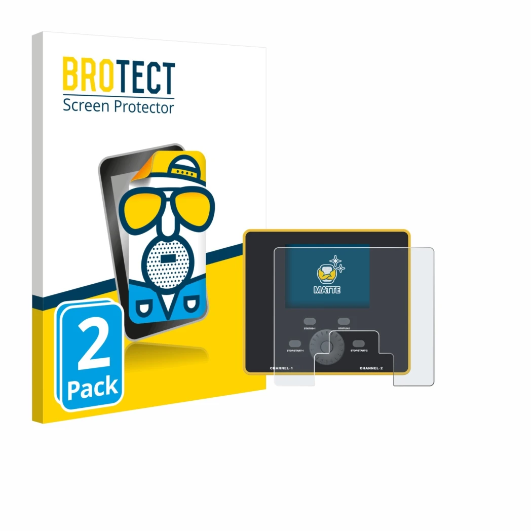 Front side of a product packaging with the brand logo BROTECT. Next to it is the device Junsi iCharger DX12 shown with the cor