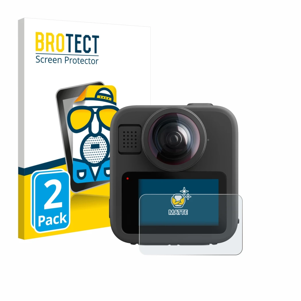 Front side of a product packaging with the brand logo BROTECT. Next to it is the device GoPro Max 2 shown with the correspondi
