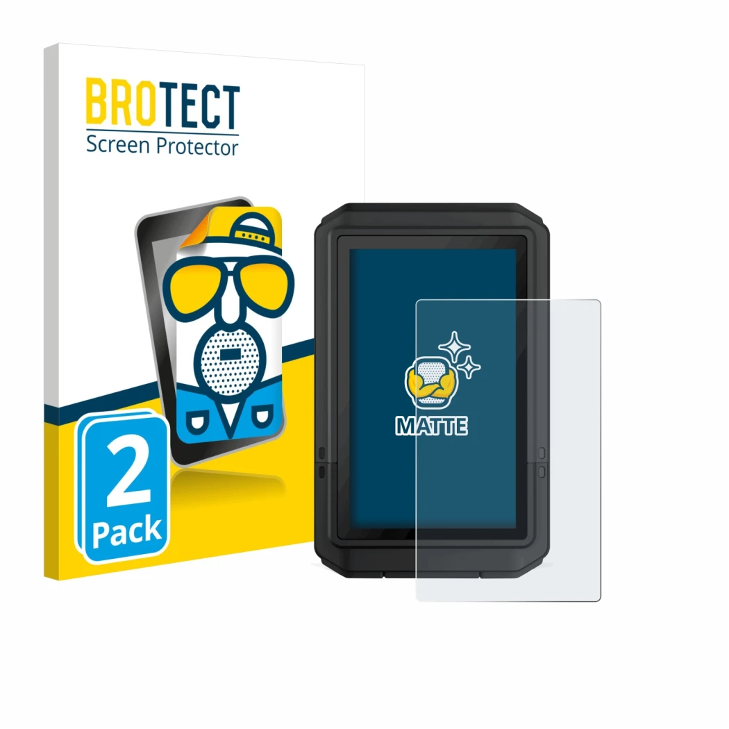 Front side of a product packaging with the brand logo BROTECT. Next to it is the device Garmin eTrex Touch 2025 shown with the