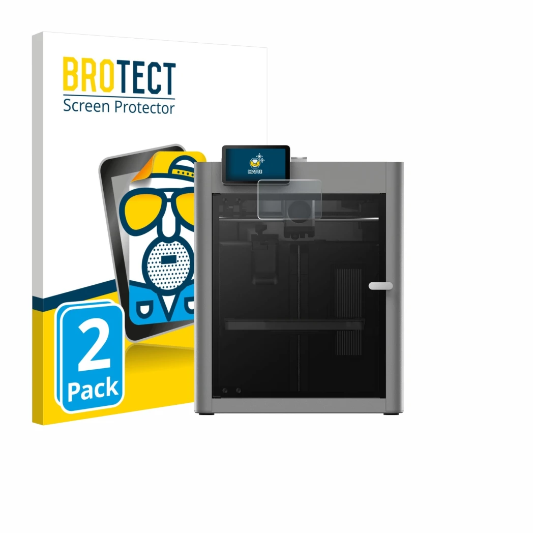 Front side of a product packaging with the brand logo BROTECT. Next to it is the device Bambu Lab P2S 3D Printer shown with th