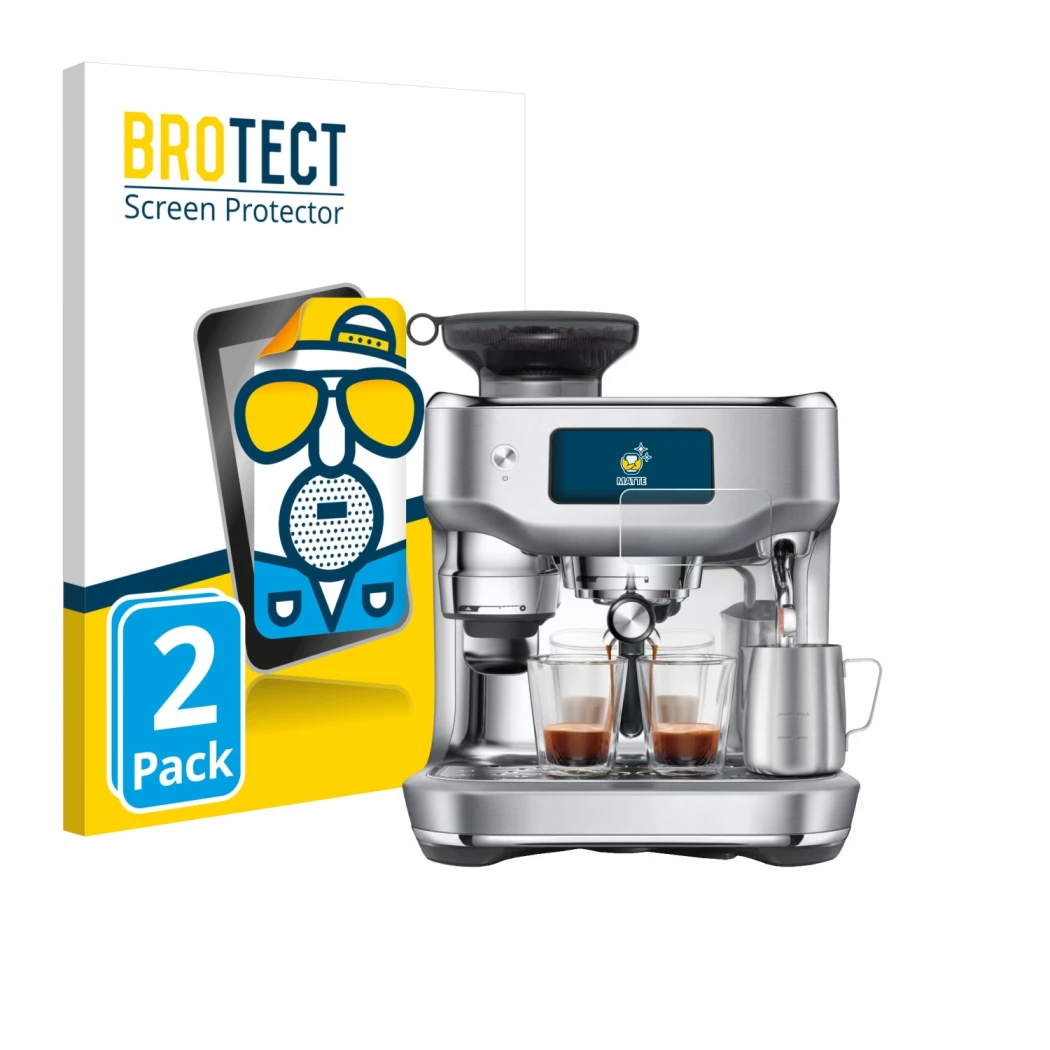 Front side of a product packaging with the brand logo BROTECT. Next to it is the device Sage the Oracle Dual Boiler shown with