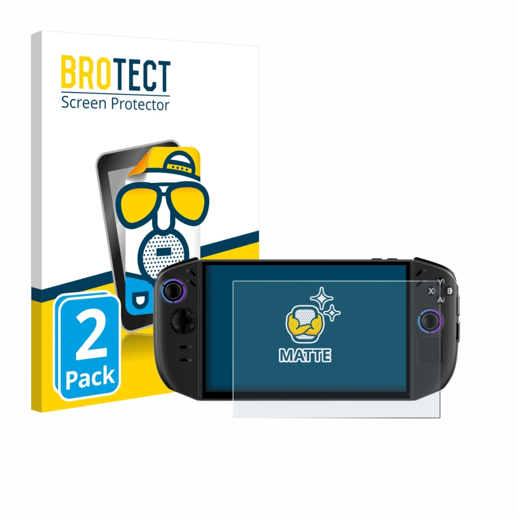 Front side of a product packaging with the brand logo BROTECT. Next to it is the device Lenovo Legion Go Gen 2 shown with the 