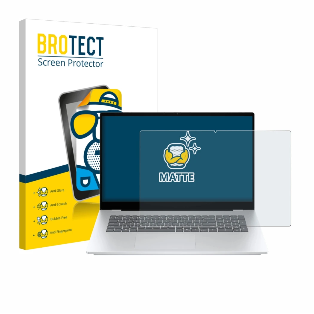 Front side of a product packaging with the brand logo BROTECT. Next to it is the device HP OmniBook 7 17-dc shown with the cor