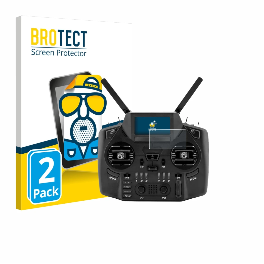 Front side of a product packaging with the brand logo BROTECT. Next to it is the device Radiomaster GX12 shown with the corres