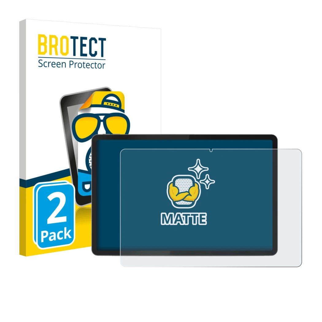 Front side of a product packaging with the brand logo BROTECT. Next to it is the device Lenovo Tab K11 (2nd Gen.) shown with t