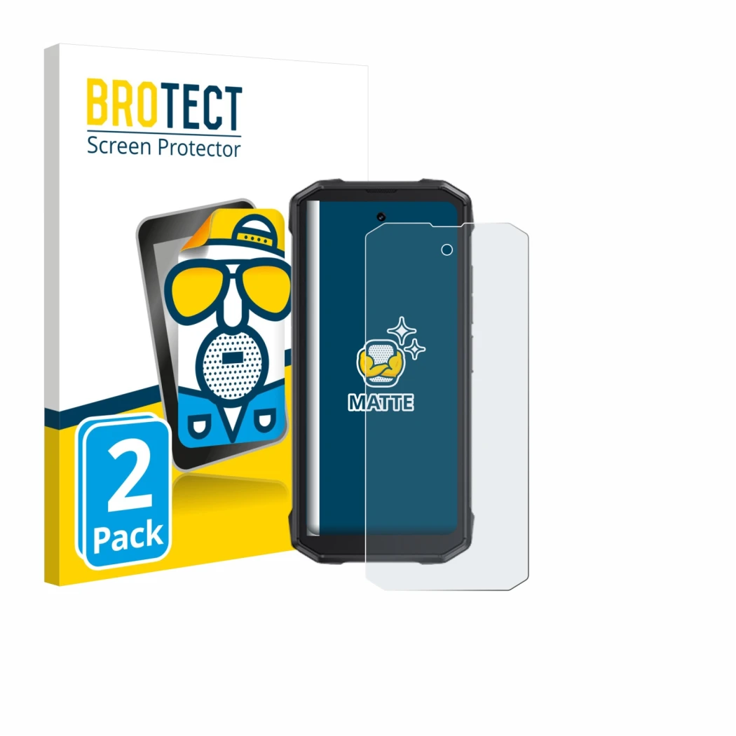 Front side of a product packaging with the brand logo BROTECT. Next to it is the device Cubot King Kong Mini 4 shown with the