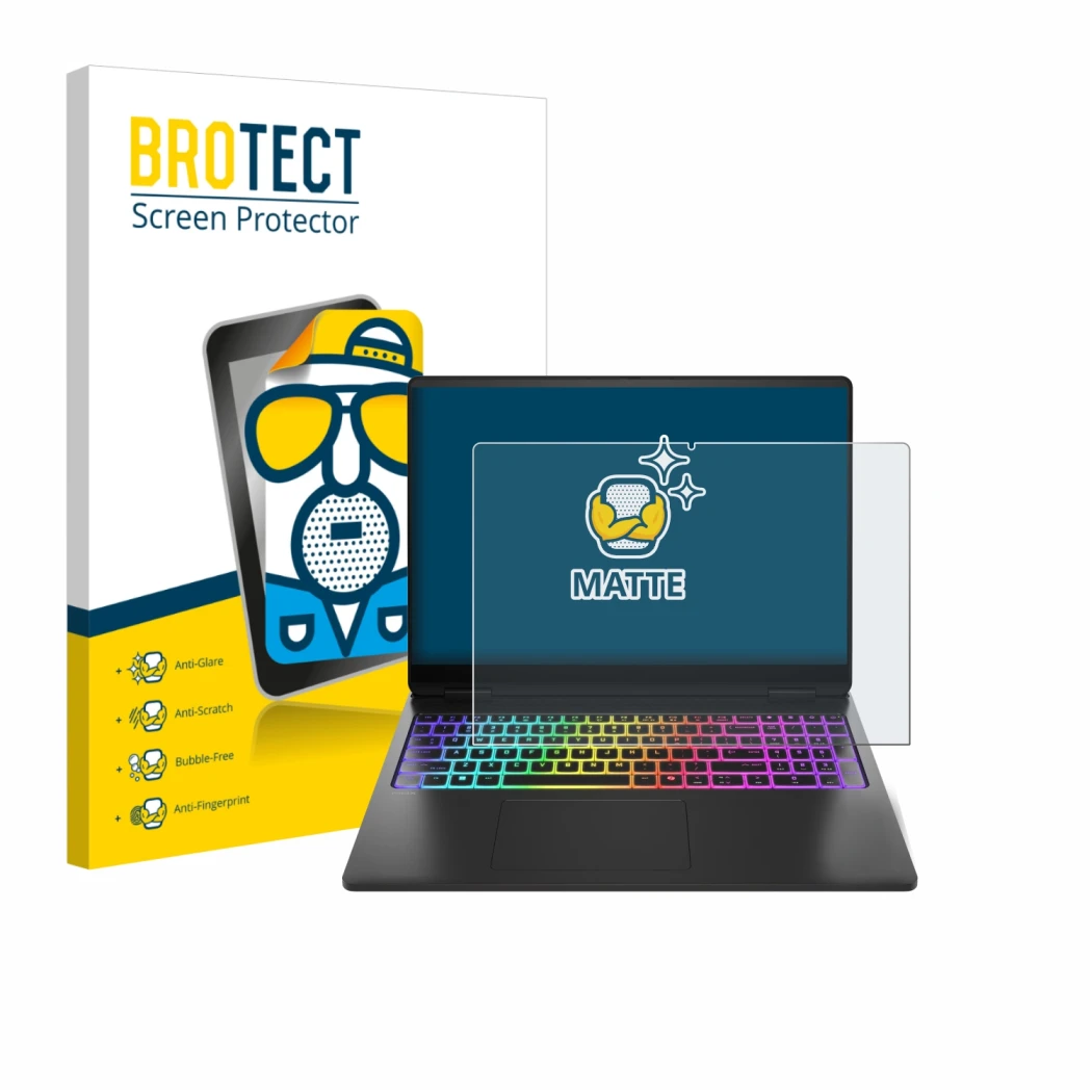 Front side of a product packaging with the brand logo BROTECT. Next to it is the device HP Omen Max 16 shown with the correspo