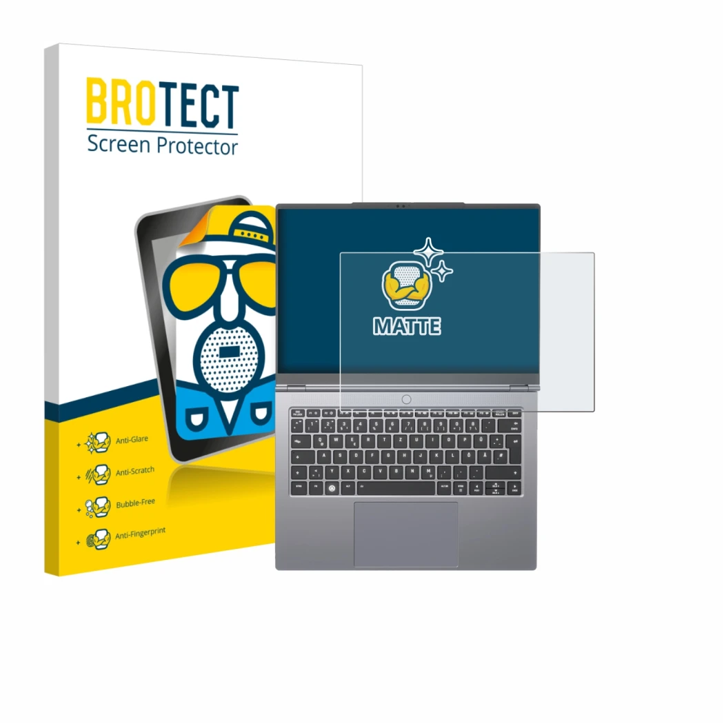 Front side of a product packaging with the brand logo BROTECT. Next to it is the device Tuxedo InfinityBook Pro 14 Gen 10 show