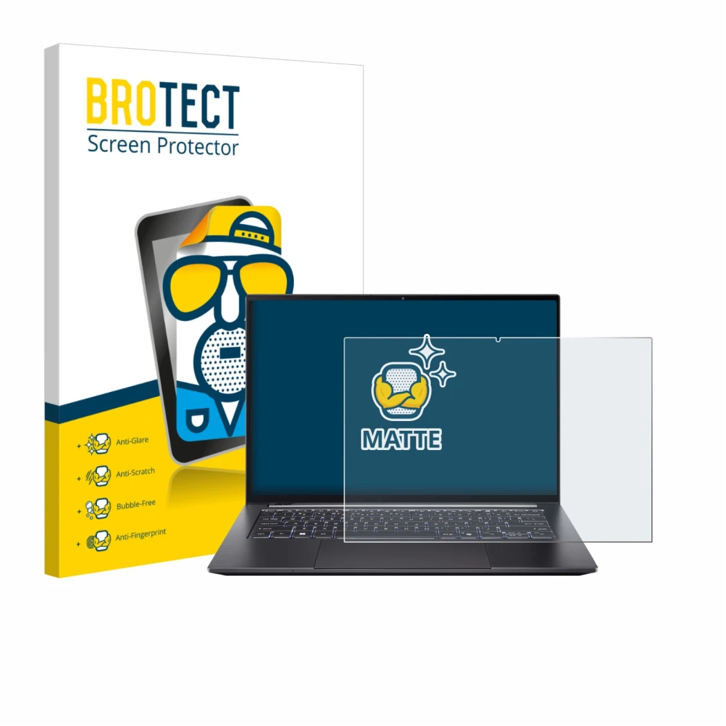 Front side of a product packaging with the brand logo BROTECT. Next to it is the device Acer Swift X 14 SFX14-73G Touch shown 