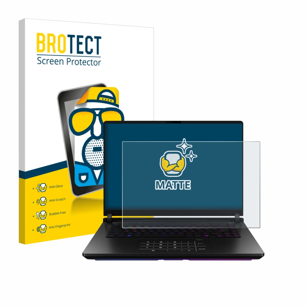 Front side of a product packaging with the brand logo BROTECT. Next to it is the device ASUS ROG Strix SCAR 18 2025 shown with